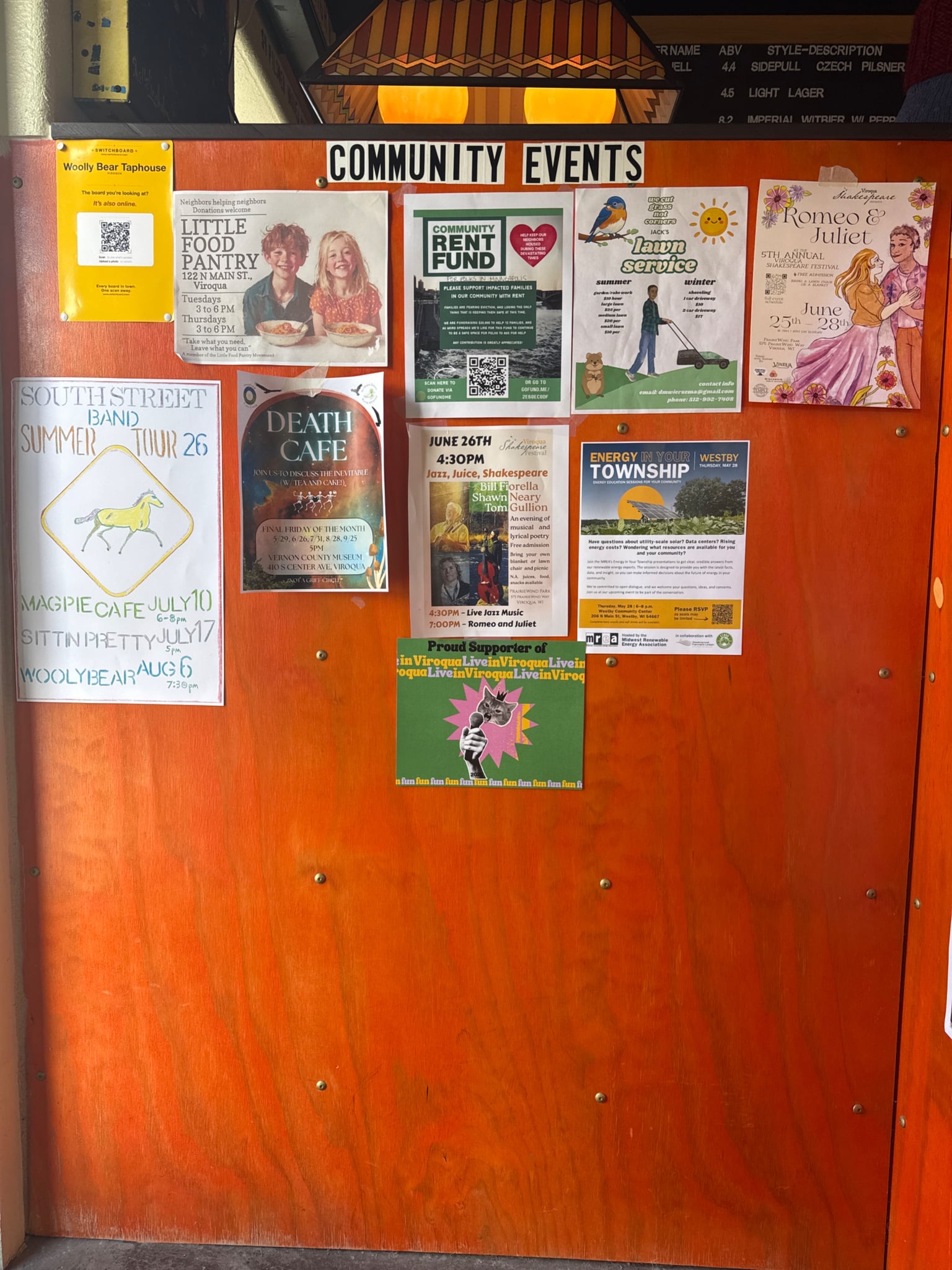 Woolly Bear Taphouse bulletin board